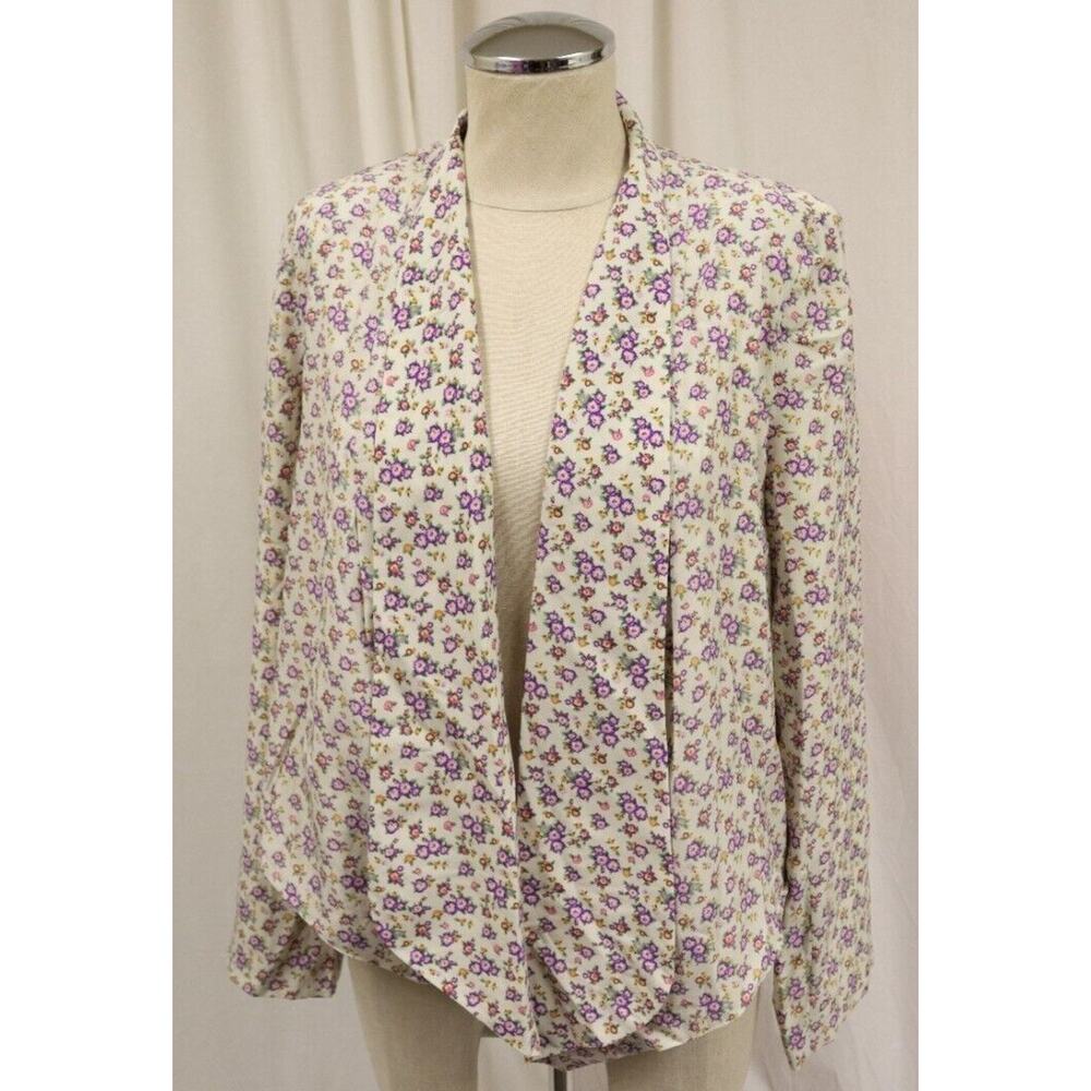 Free Hug Blazer Jacket Women's Medium Long Sleeve Open Front Floral Print Ivory